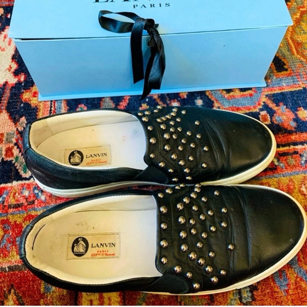 Lanvin unisex slip on sneakers black leather silver metal studs
